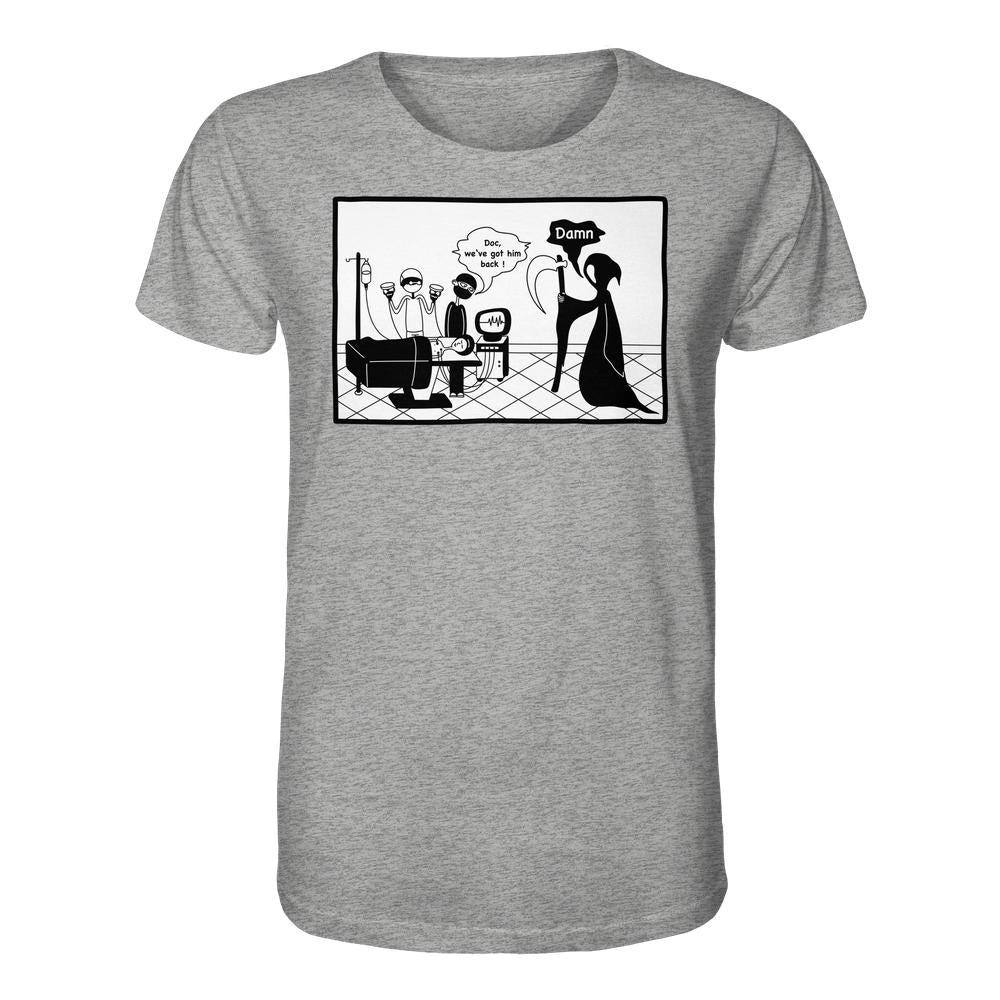 Vegan und Bio Unisex Shirt: Comicstripe - The Reaper mit humorvollem Cartoon von Ärzten, die einen Patienten retten, während der Sensenmann enttäuscht zusieht. 100 % Biobaumwolle.