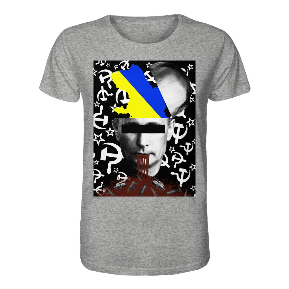 Vegan und Bio Unisex Shirt: STOP WAR IN UKRAINE! mit politischer Collage, zeigt Porträt mit verdeckten Augen, ukrainische Flagge, Waffenmotive und rotes Blut.