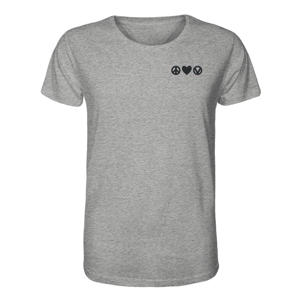 Unisex-Bio-Shirt mit Peace - Love - Veganism-Stickerei, heather-grau, kurze Ärmel. Drei schwarze Symbole: Friedenszeichen, Herz und veganer Kreis auf der Brust.