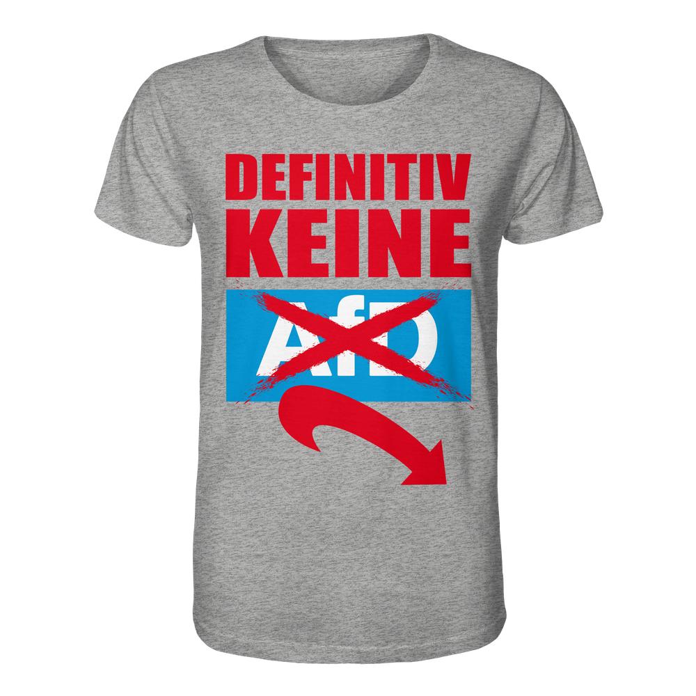 Vegan und Bio Unisex Shirt: Gegen Rechts - Definitiv KEINE Alternative für Deutschland! Heather-Graues T-Shirt mit durchgestrichenem AfD-Logo und rotem Pfeil nach unten, 100% Bio-Baumwolle.