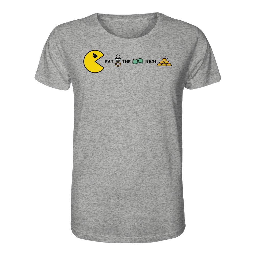 Vegan und Bio Unisex Shirt: PAC-MAN - Eat the rich, zeigt Pac-Man-Mund, der Symbole des Reichtums isst mit dem Slogan EAT THE RICH auf heather-grauem T-Shirt.