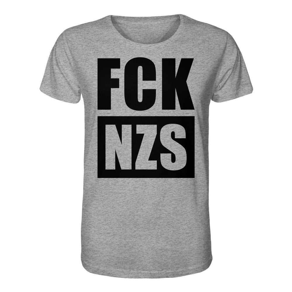 Vegan und Bio Unisex Shirt: FCK NZS, heather-graues T-Shirt mit schwarzem, zweizeiligem Slogan-Print gegen Nazis, 100% Bio-Baumwolle, normale Passform, von RUDE REBEL.