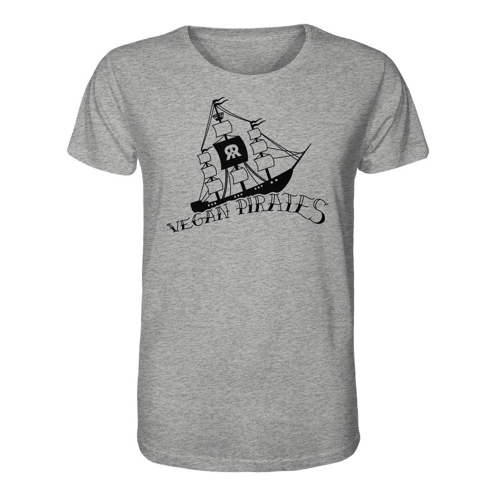 Vegan und Bio Unisex Shirt: Vegan Pirates mit schwarzer Segelschiff-Silhouette und Schriftzug im Piratenstil, aus 100 % Bio-Baumwolle, normale Passform.