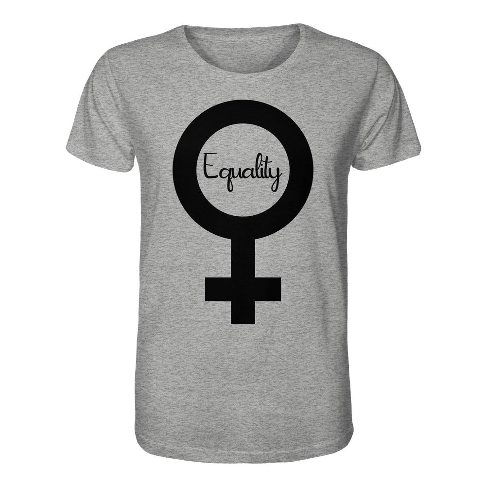 Vegan und Bio Unisex Shirt: Feminismus - Der Kampf um Gleichberechtigung, heather-graues T-Shirt mit schwarzem Venus-Symbol und handgeschriebenem Equality. 100% Bio-Baumwolle.