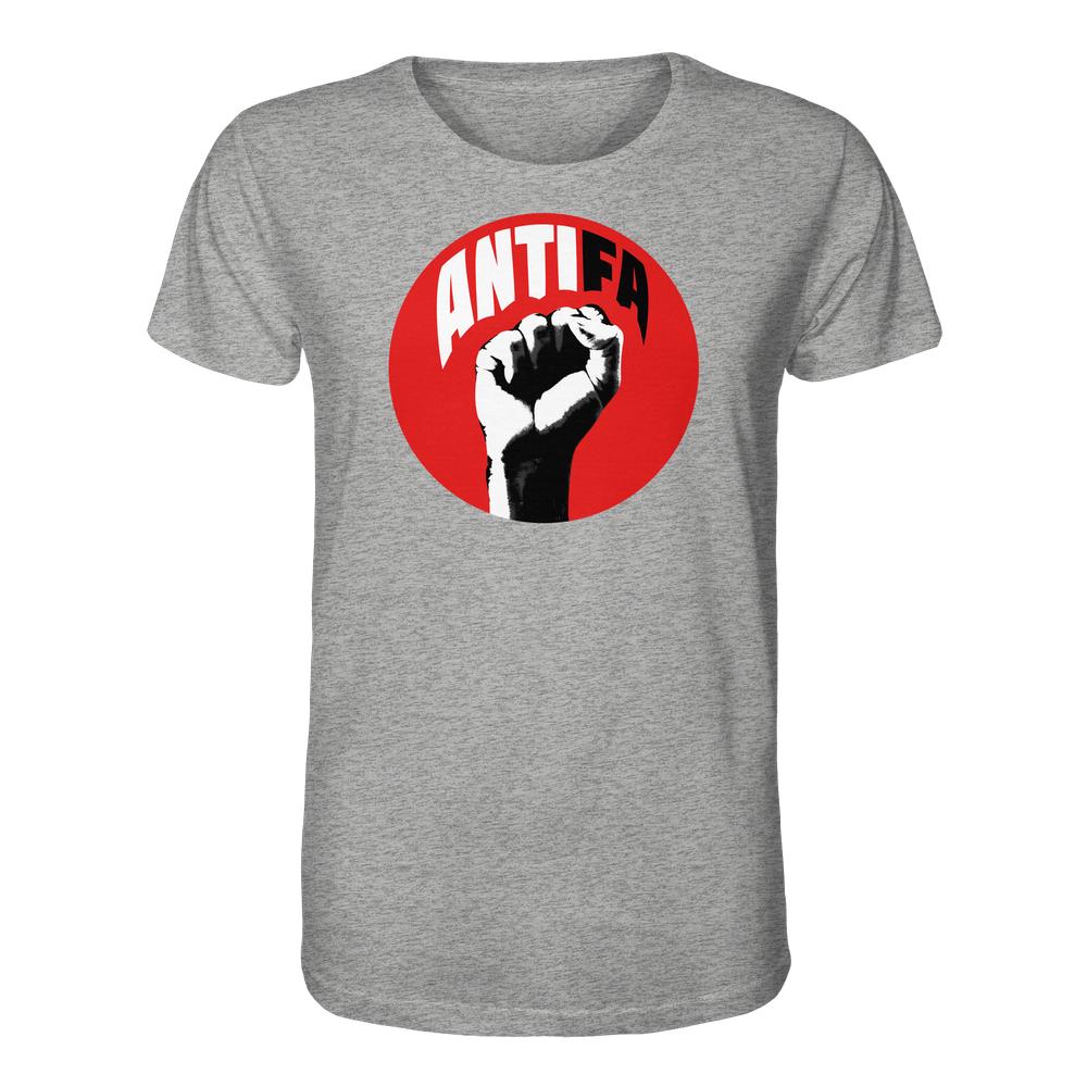 Vegan und Bio Unisex Shirt: Antifa - Kampf gegen Rechts, zeigt rote Kreisgrafik mit schwarzer Faust und ANTIFA-Schriftzug, symbolisiert Widerstand gegen Faschismus.