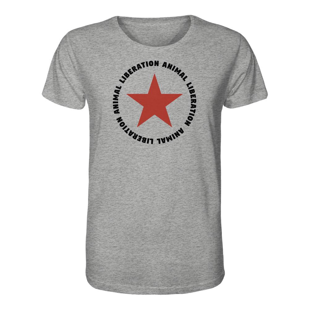 Vegan und Bio Unisex Shirt: Red Star and Animal Liberation mit rotem Stern und ANIMAL LIBERATION-Schriftzug, aus 100% Bio-Baumwolle, verkörpert RUDE REBELs vegane, nachhaltige Mode.