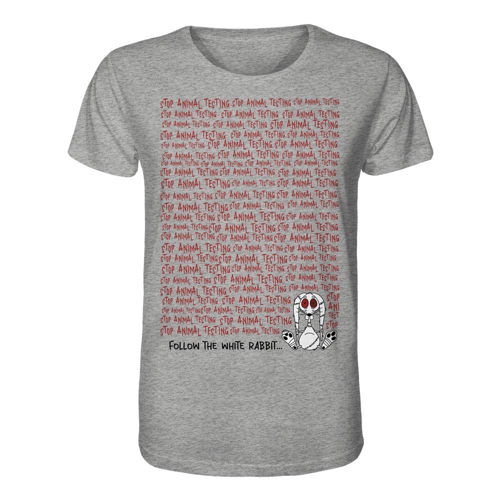 Heathergraues T-Shirt mit Anti-Tierversuchs-Design, roter Schriftzug STOP ANIMAL TESTING, Comic-Hase mit roten Augen, Schriftzug Follow the white rabbit…. Vegane Bio-Baumwolle.