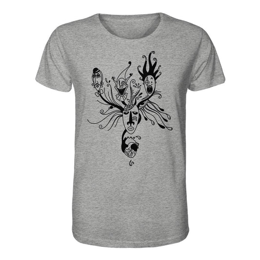 Vegan und Bio Unisex Shirt: Mental Health - Behind the Mask, mit surrealem Gesichtsmotiv und organischen Linien, symbolisiert komplexe menschliche Emotionen. 100% Bio-Baumwolle, normale Passform.