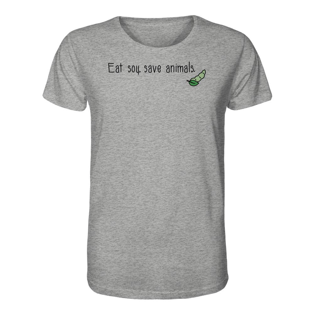 Veganes Unisex Bio-Shirt mit Slogan „Eat soy, save animals.“ und grünem Erbsenschoten-Design, aus 100% Bio-Baumwolle, verkörpert nachhaltige, tierfreundliche Mode von RUDE REBEL.