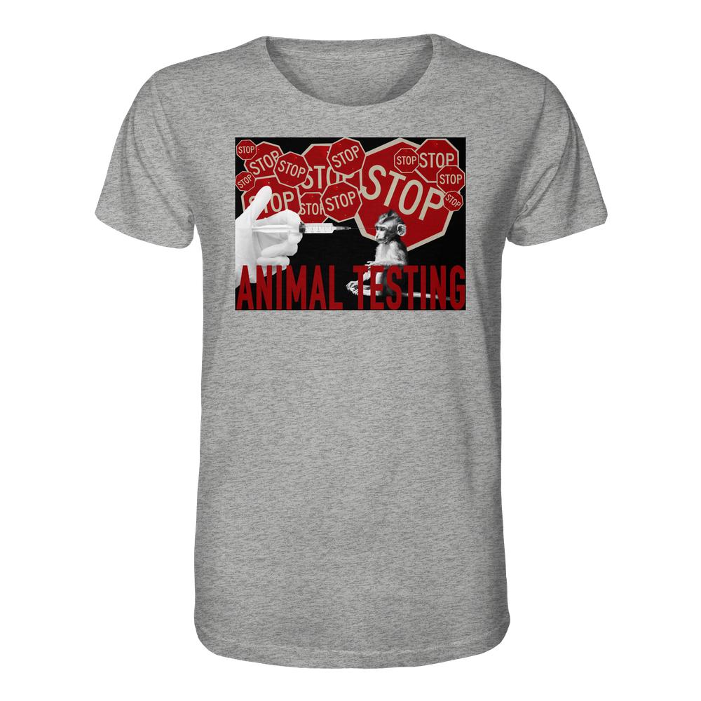 Vegan und Bio Unisex Shirt: STOP ANIMAL TESTING! Graues T-Shirt mit Anti-Tierversuchs-Design, rotem STOP-Schild, Spritze und Mausmotiv, 100% Bio-Baumwolle, rebellisches Statement.