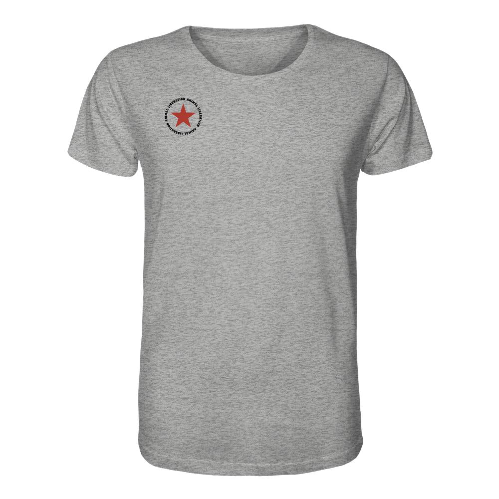 Vegan und Bio Unisex Shirt: Red Star - Animal Liberation, hellgraues T-Shirt mit rotem Stern und Animal Liberation Logo auf der Brust, aus 100% Bio-Baumwolle.