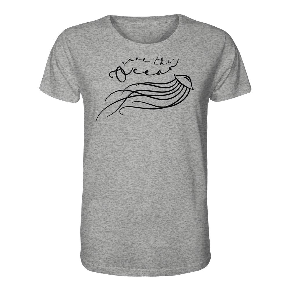 Vegan und Bio Unisex Shirt: Jellyfish - Save the Ocean. Heather-graues T-Shirt mit filigranem Quallenmotiv und Save the Ocean-Schriftzug, aus 100% Bio-Baumwolle, normale Passform.
