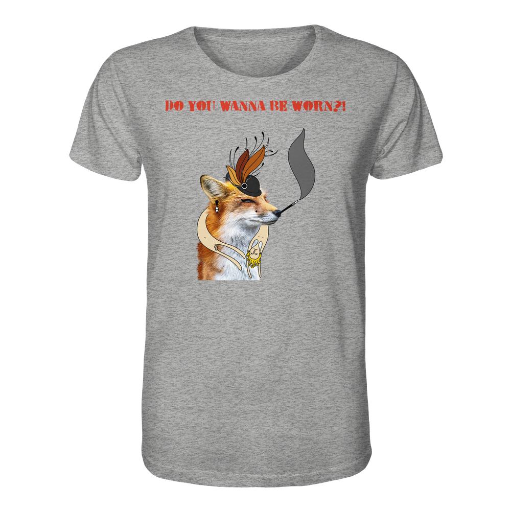 Vegan und Bio Unisex Shirt: Mrs. Fox demonstriert gegen Pelz! Heather-graues T-Shirt mit frecher Fuchs-Illustration, das Tierrechte und Nachhaltigkeit humorvoll thematisiert.
