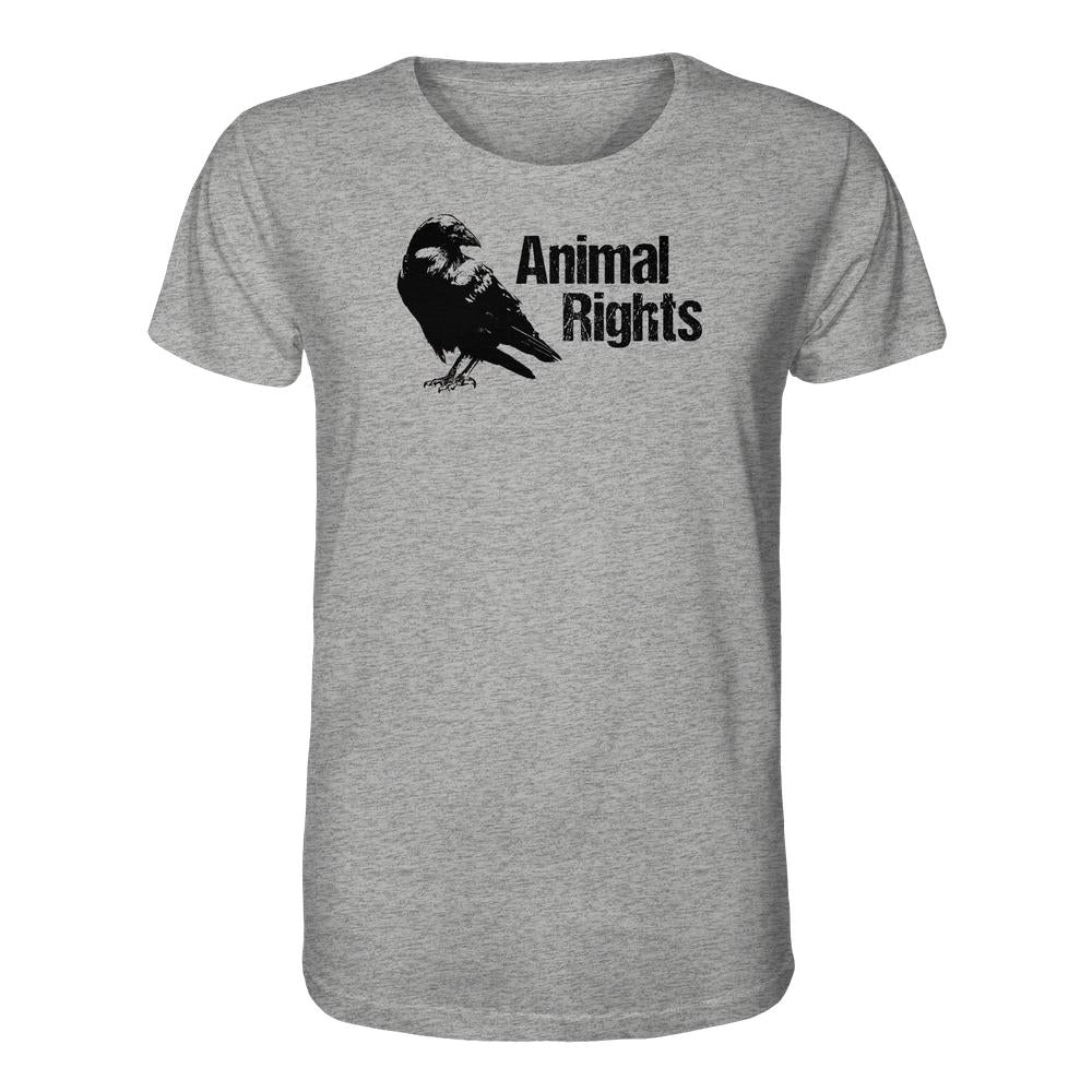 Vegan und Bio Unisex Shirt: Raven - Animal Rights, hellgraues T-Shirt mit schwarzem Rabenmotiv und Schriftzug „Animal Rights“, aus 100% Bio-Baumwolle, normale Passform, für Tierrechtsaktivisten.