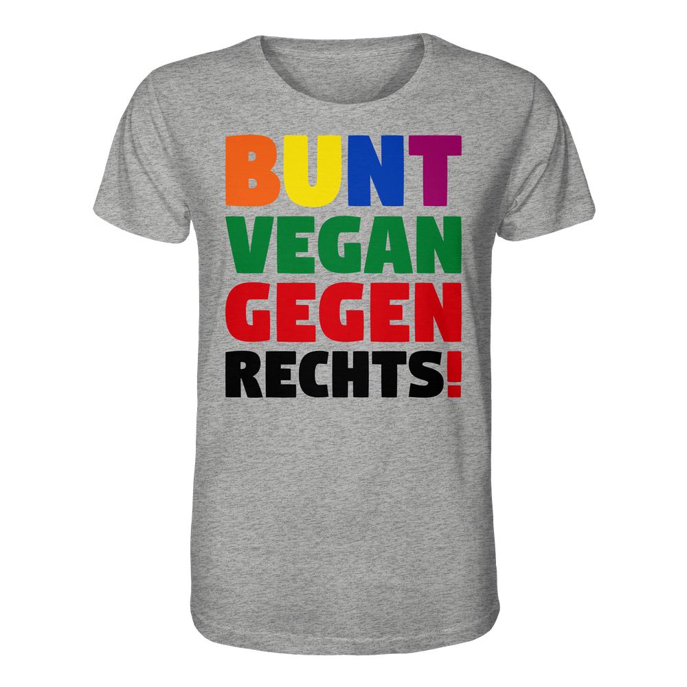 Graues T-Shirt mit dem Slogan „BUNT VEGAN GEGEN RECHTS!“ in bunten Farben, aus 100% Bio-Baumwolle, normales Design, von RUDE REBEL.
