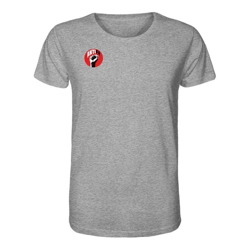 Heather-graues T-Shirt mit kleinem ANTIFA-Grafikdruck über der linken Brust, aus veganer, umweltfreundlicher Bio-Baumwolle.