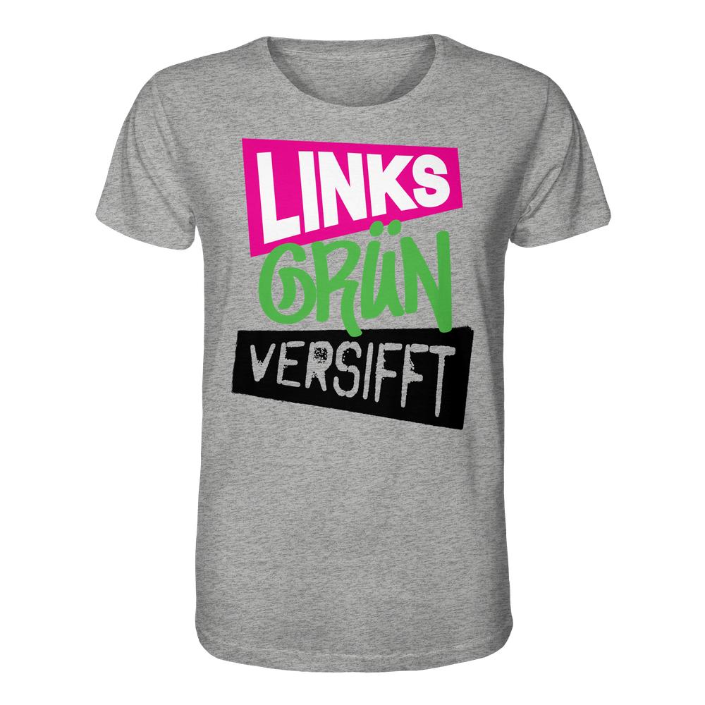 Heather-graues Unisex-Bio-T-Shirt mit dem Slogan „Links Grün versifft!“ in auffälligen Farben, aus 100 % Bio-Baumwolle, von RUDE REBEL.