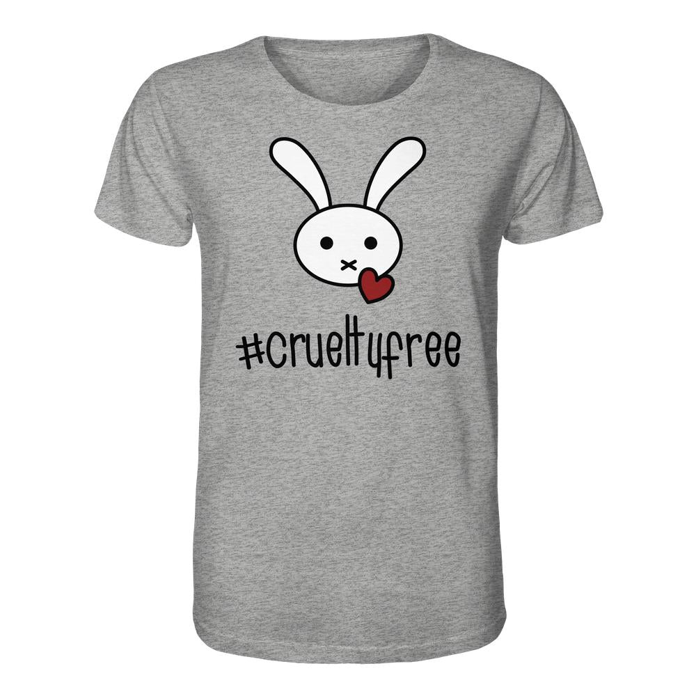 Vegan und Bio Unisex Shirt: Crueltyfree Bunny BIG zeigt Cartoon-Hasen mit Herz, betont Tierschutz. Bio-Baumwolle, normale Passform. Repräsentiert RUDE REBELs vegane, nachhaltige Werte.