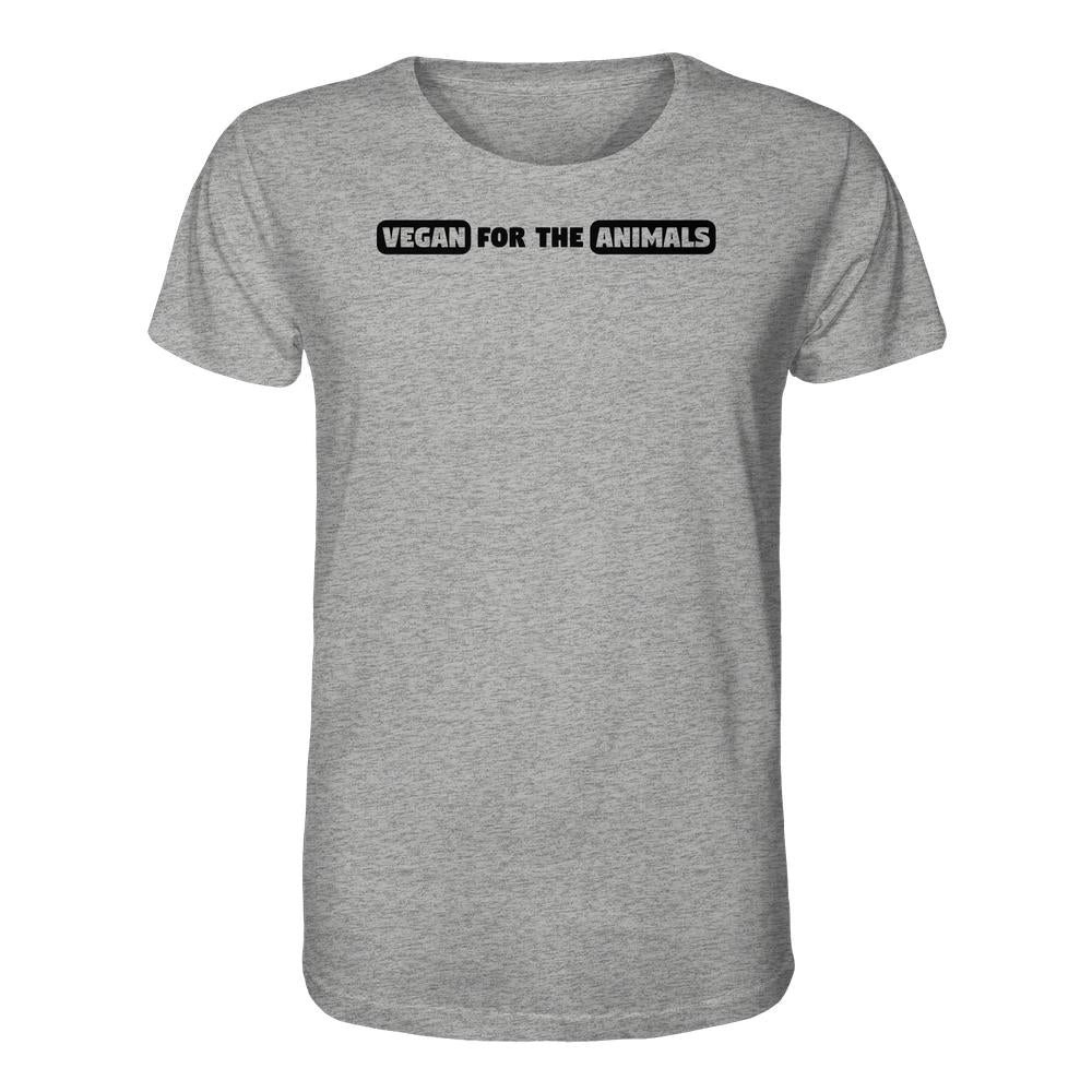 Heather-graues T-Shirt mit dem Slogan „VEGAN FOR THE ANIMALS“ auf der Brust, aus 100 % Bio-Baumwolle, normale Passform, von RUDE REBEL.