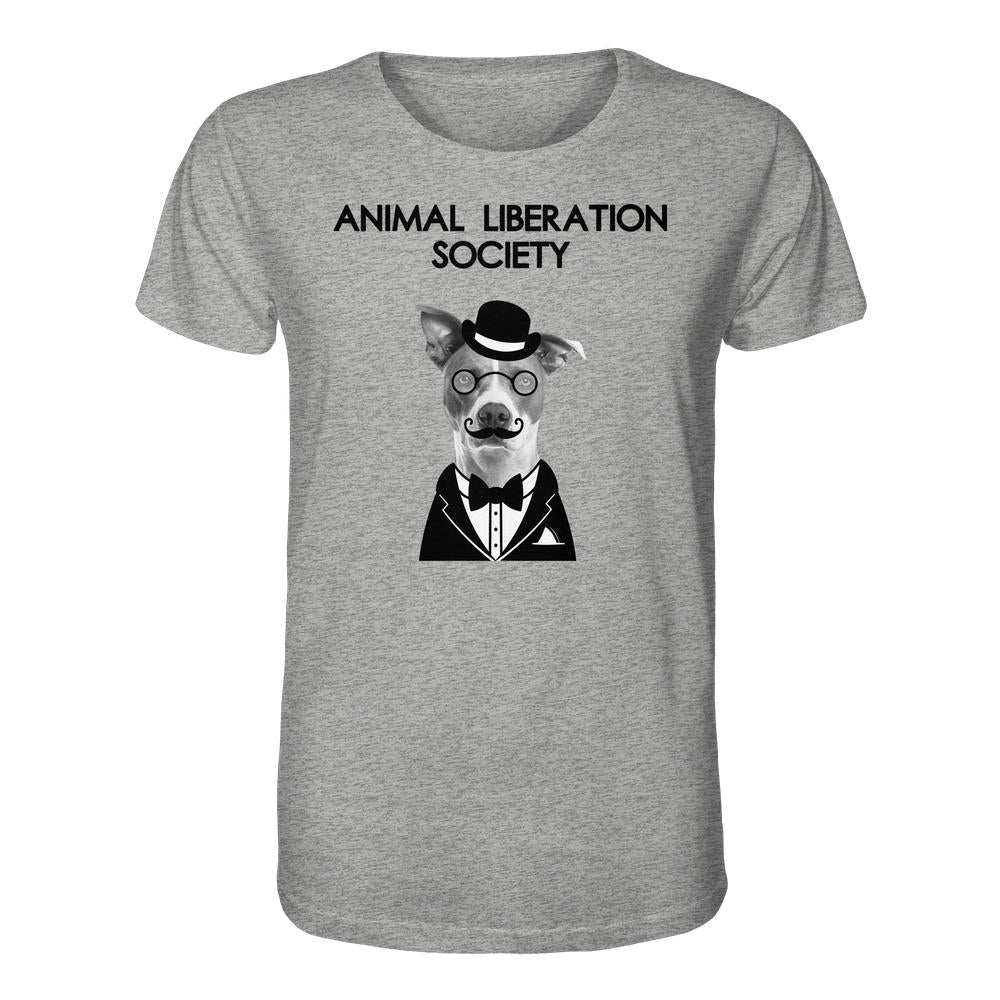 Vegan und Bio Unisex Shirt: Mr. Dog - Animal Liberation Society, heather-graues T-Shirt mit Hund im Gentleman-Outfit, inspiriert von Tierrechten und veganem Denken.
