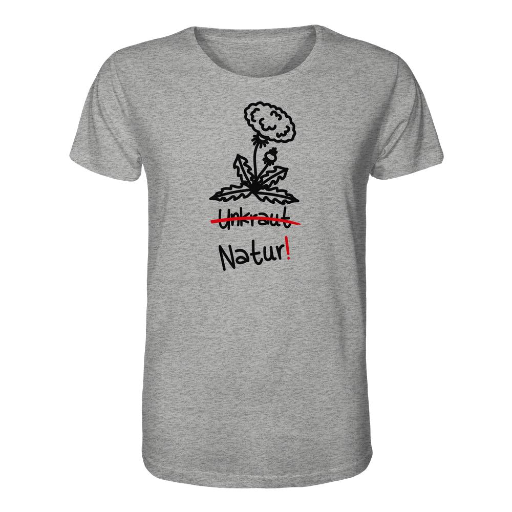 Heather-graues T-Shirt mit gezeichneter Löwenzahn-Grafik und den Worten Unkraut durchgestrichen, Natur! darunter. Vegan und Bio Unisex Shirt: Löwenzahn, aus Biobaumwolle.