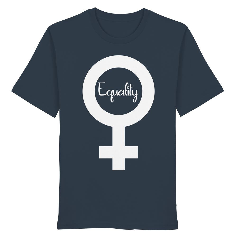 Vegan und Bio Unisex Shirt: Feminismus - Der Kampf um Gleichberechtigung, dunkelblau mit weißem Venus-Symbol und Schriftzug Equality vorn, aus 100 % Bio-Baumwolle.