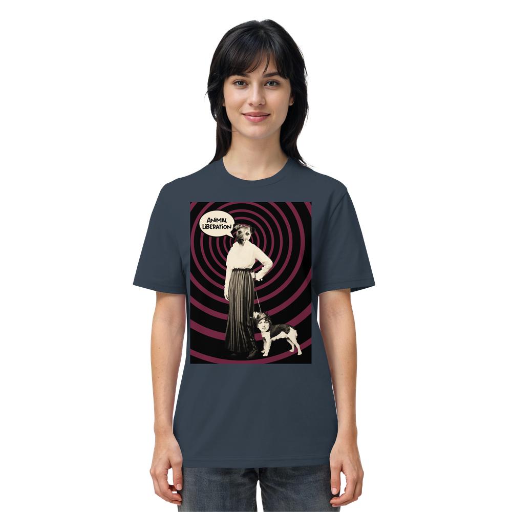 Vegan und Bio Unisex Shirt: Upside Down - Animal Liberation mit surrealem Grafikmotiv, das eine viktorianische Frau mit Hundekopf und „Animal Liberation“-Sprechblase zeigt.