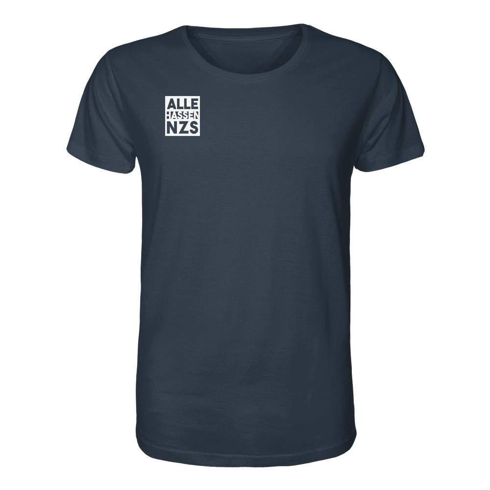 Vegan und Bio Unisex Shirt: ALLE HASSEN NZS! Dunkelblaues T-Shirt mit weißem Text auf der Brust, aus 100% Biobaumwolle, von RUDE REBEL.