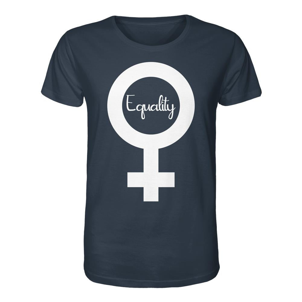 Vegan und Bio Unisex Shirt: Feminismus - Der Kampf um Gleichberechtigung, zeigt großes Venus-Symbol mit Equality in Kursivschrift, aus 100% Bio-Baumwolle.