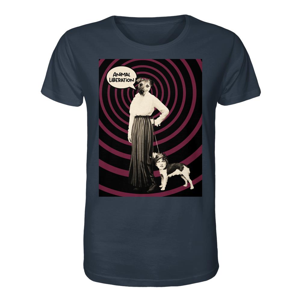 Vegan und Bio Unisex Shirt: Upside Down - Animal Liberation mit Hund-Mensch-Collage und Spiralhintergrund, inspirierend zur Reflexion über Tierfreiheit und Gleichwertigkeit.