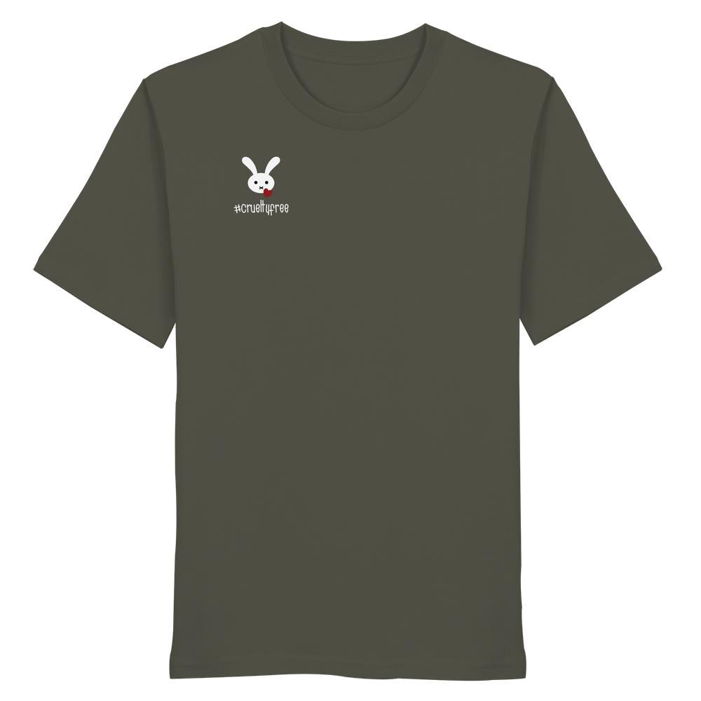 Vegan und Bio Unisex Shirt: Crueltyfree Bunny, olivgrün, zeigt ein weißes Cartoon-Hasengesicht mit rotem Herz und #crueltyfree Text, aus 100% Bio-Baumwolle.