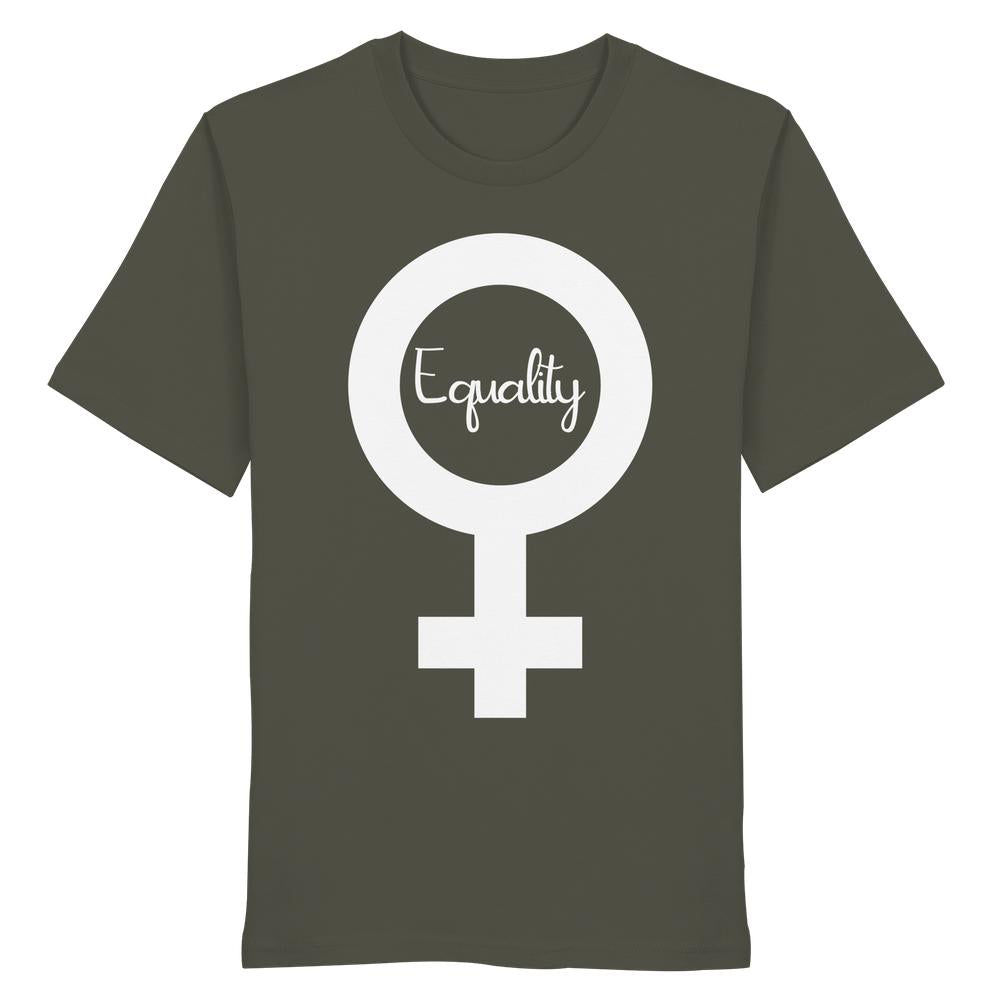 Vegan und Bio Unisex Shirt: Feminismus - Der Kampf um Gleichberechtigung, dunkelgrünes Baumwollshirt mit weißem Venus-Symbol und Equality in Kursivschrift.