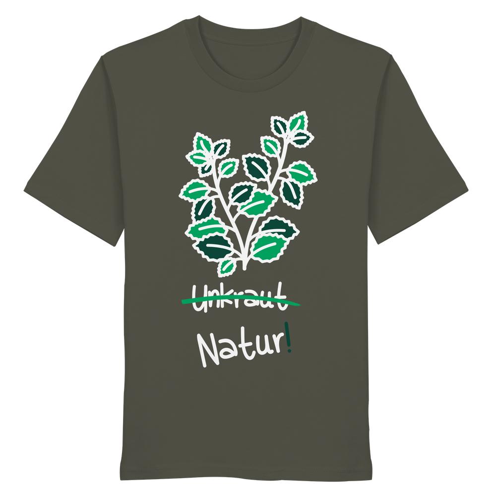 Vegan und Bio Unisex Shirt: Brennnessel - Naturschutz, zeigt gestylten Blattzweig, Wortspiel Unkraut durchgestrichen, Natur! darunter. 100% Bio-Baumwolle, normale Passform.