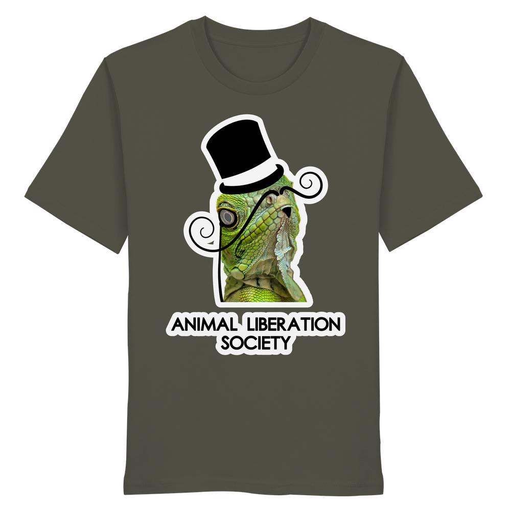 Vegan und Bio Unisex Shirt: Sir Reptile - Animal Liberation Society, dunkelolivgrün mit stilisiertem Hut-tragendem Lizard und ANIMAL LIBERATION SOCIETY Schriftzug, 100% Biobaumwolle.