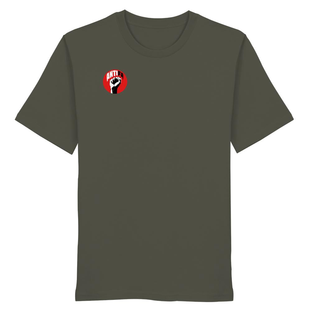 Olivegrünes T-Shirt mit ANTIFA-Grafik und erhobener Faust, aus 100% Bio-Baumwolle. Vegan und umweltfreundlich, designt für Freiheit und Demokratie.