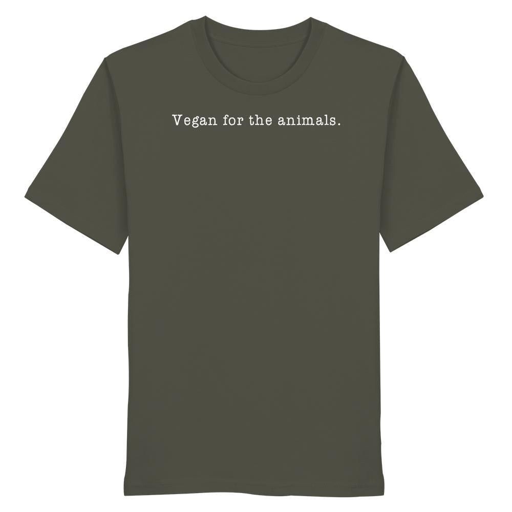Unisex-T-Shirt aus Biobaumwolle mit dem Slogan „Vegan for the animals.“ in Weiß. Minimalistisches Design, passend zur veganen und nachhaltigen Philosophie von RUDE REBEL.