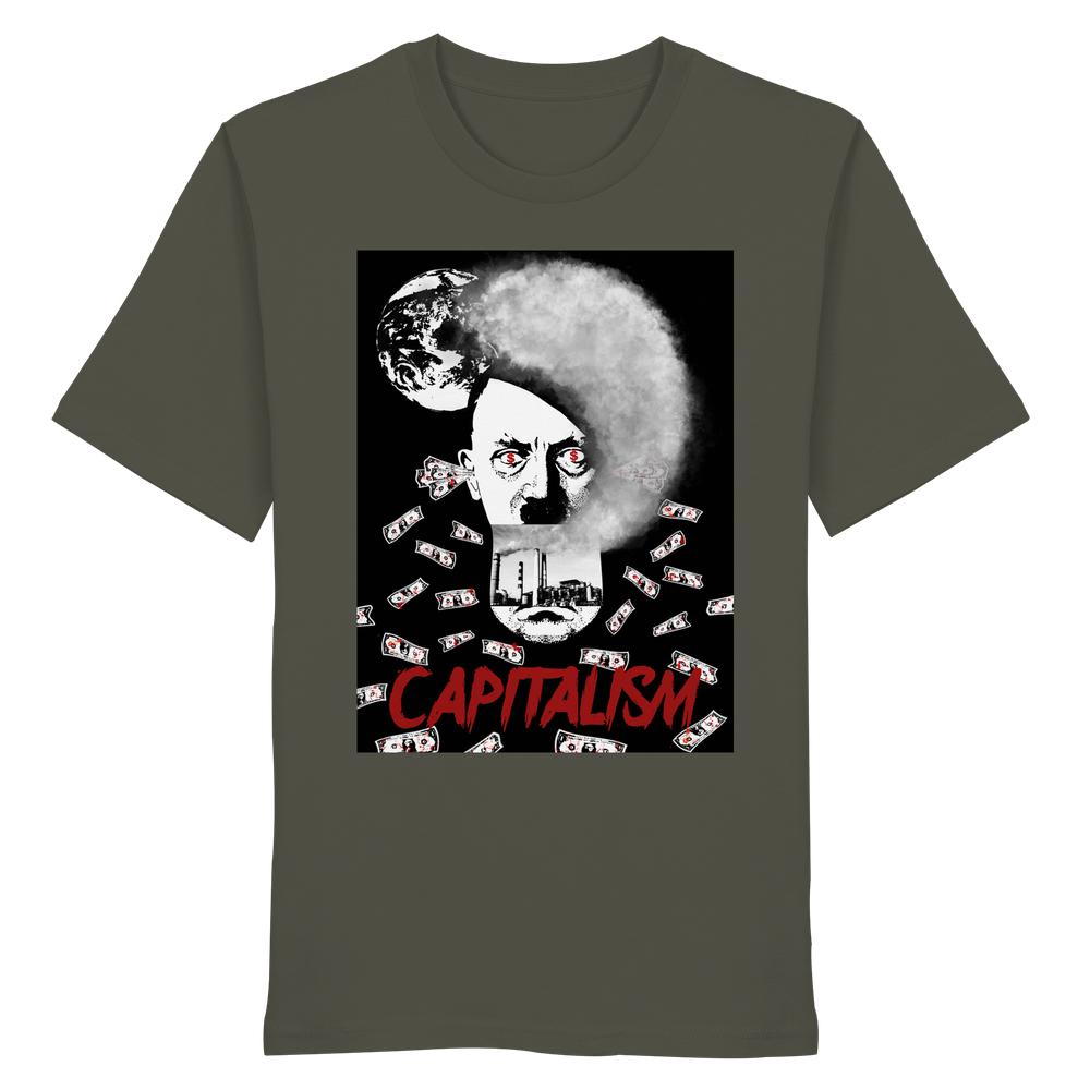 Vegan und Bio Unisex Shirt: Capitalism vs. Earth - The Money Game mit Anti-Kapitalismus-Grafik, bestehend aus Gesicht, Rauch, Fabrikschloten und Geldscheinen, aus 100% Biobaumwolle.