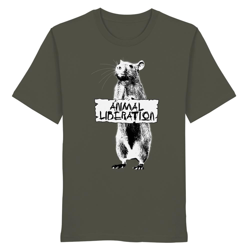 Vegan und Bio Unisex Shirt: Rat for Animal Liberation mit Banksy-inspirierter Ratten-Grafik, 100 % Bio-Baumwolle, normaler Schnitt, ideal für Tierrechte-Unterstützer.