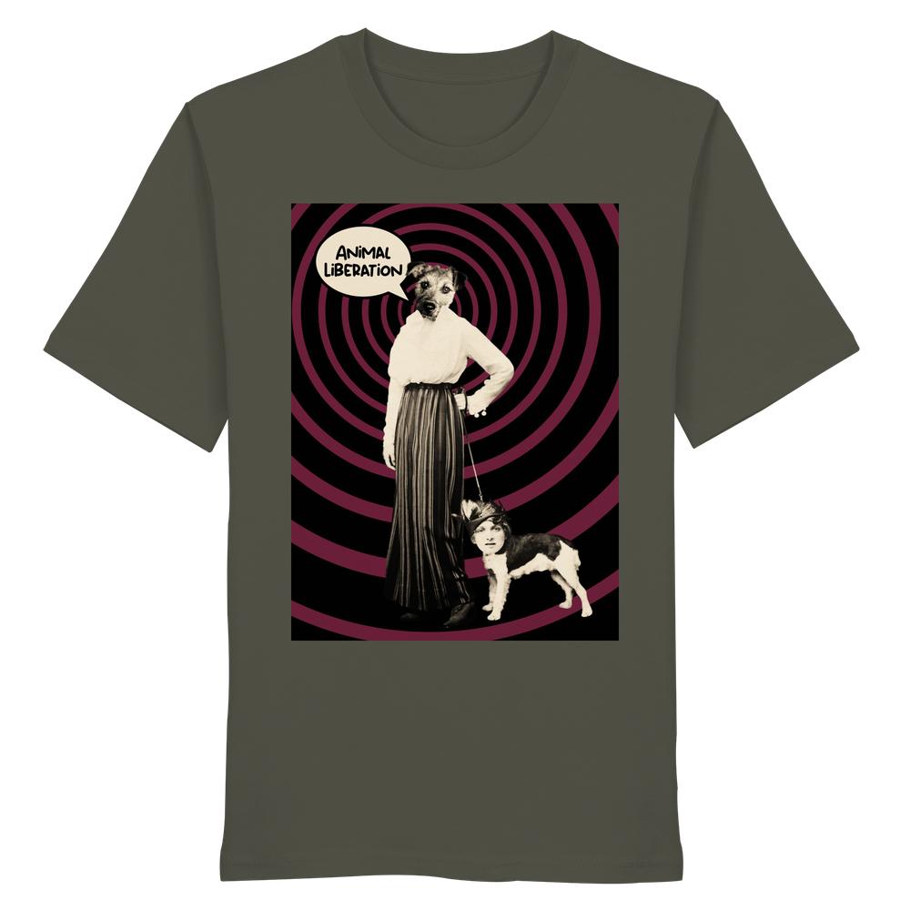 Vegan und Bio Unisex Shirt: Upside Down - Animal Liberation zeigt eine surreale Collage: Mensch mit Hunde- und Hund mit Menschenkopf, thematisiert Tierrechte, aus Bio-Baumwolle.