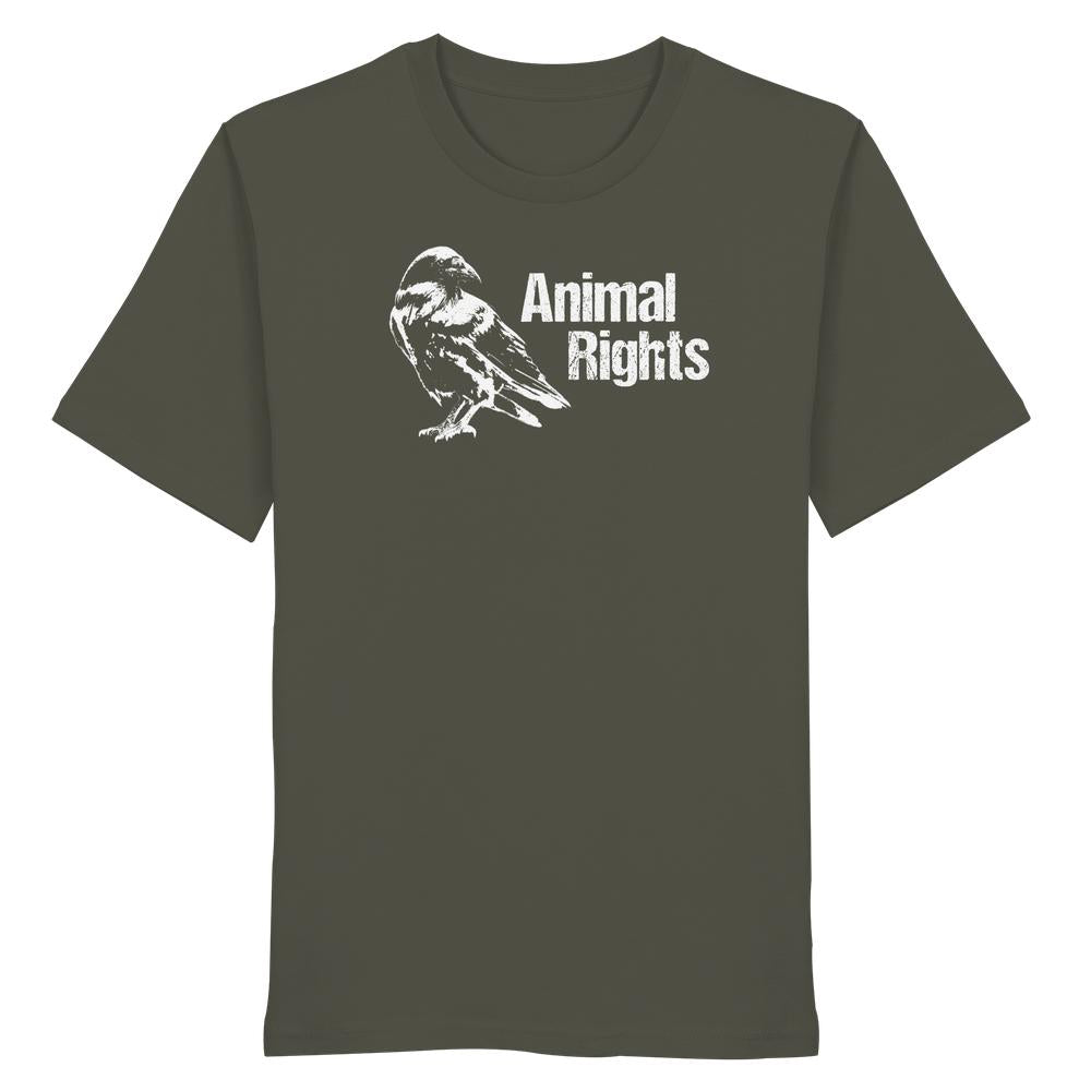 Unisex Bio T-Shirt von RUDE REBEL mit weißem Rabenmotiv und Animal Rights-Schriftzug, aus 100% Bio-Baumwolle.