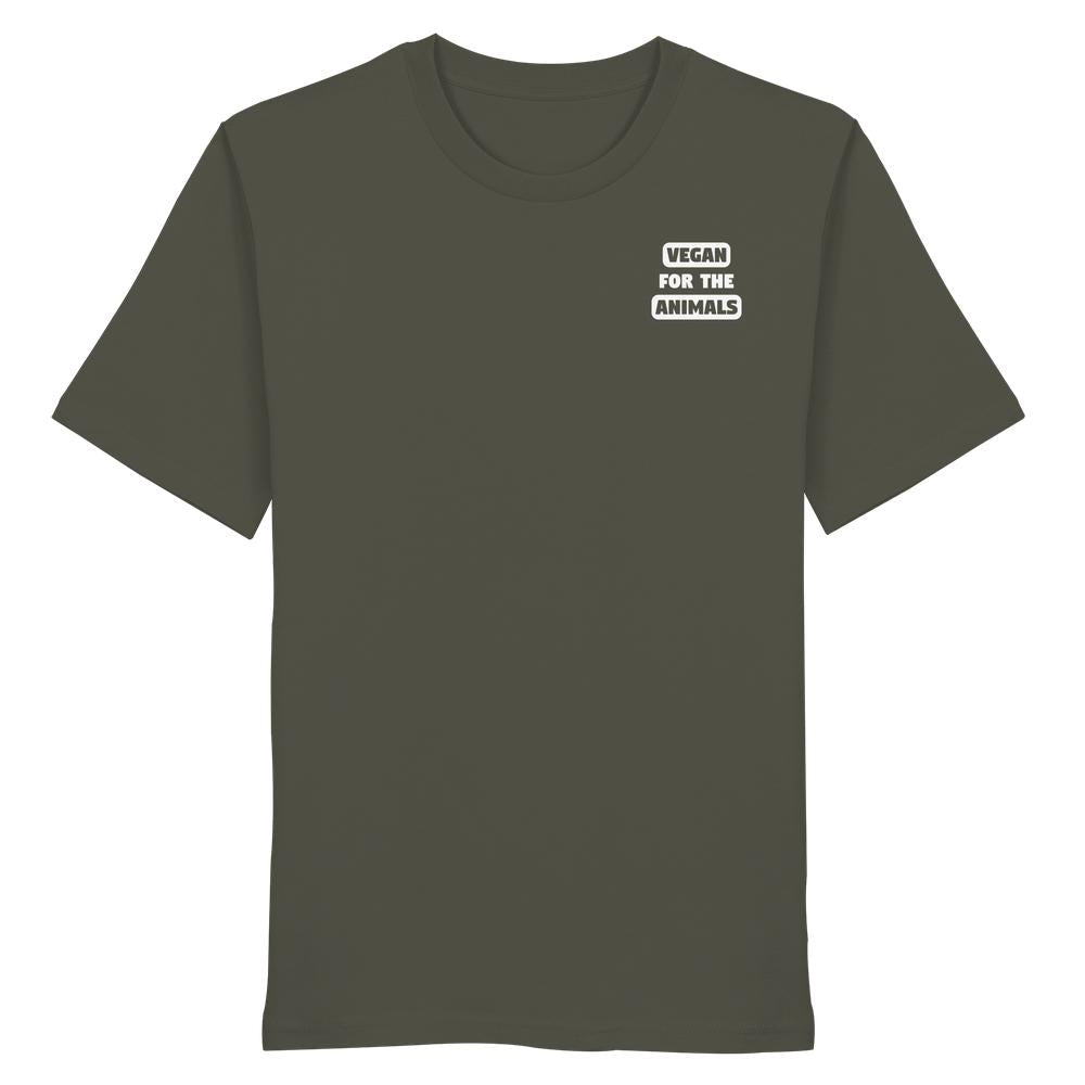 Olivegrünes T-Shirt mit Rundhalsausschnitt und dem Slogan VEGAN FOR THE ANIMALS auf der linken Brust. Hergestellt aus Bio-Baumwolle, unterstützt es tierfreundliche und nachhaltige Mode.