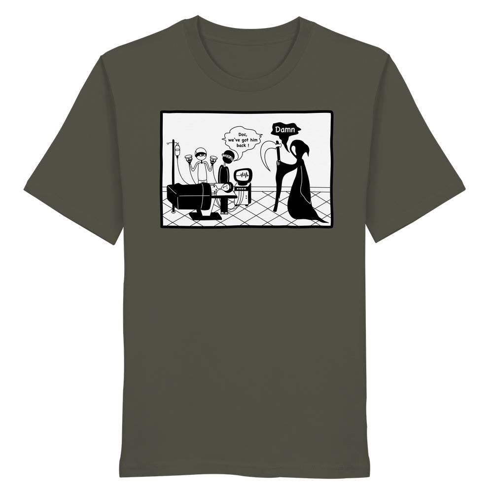 Olivegrünes Unisex-Shirt Vegan und Bio: Comicstripe - The Reaper mit humorvollem Comic-Panel über die moderne Medizin, aus 100 % Bio-Baumwolle.