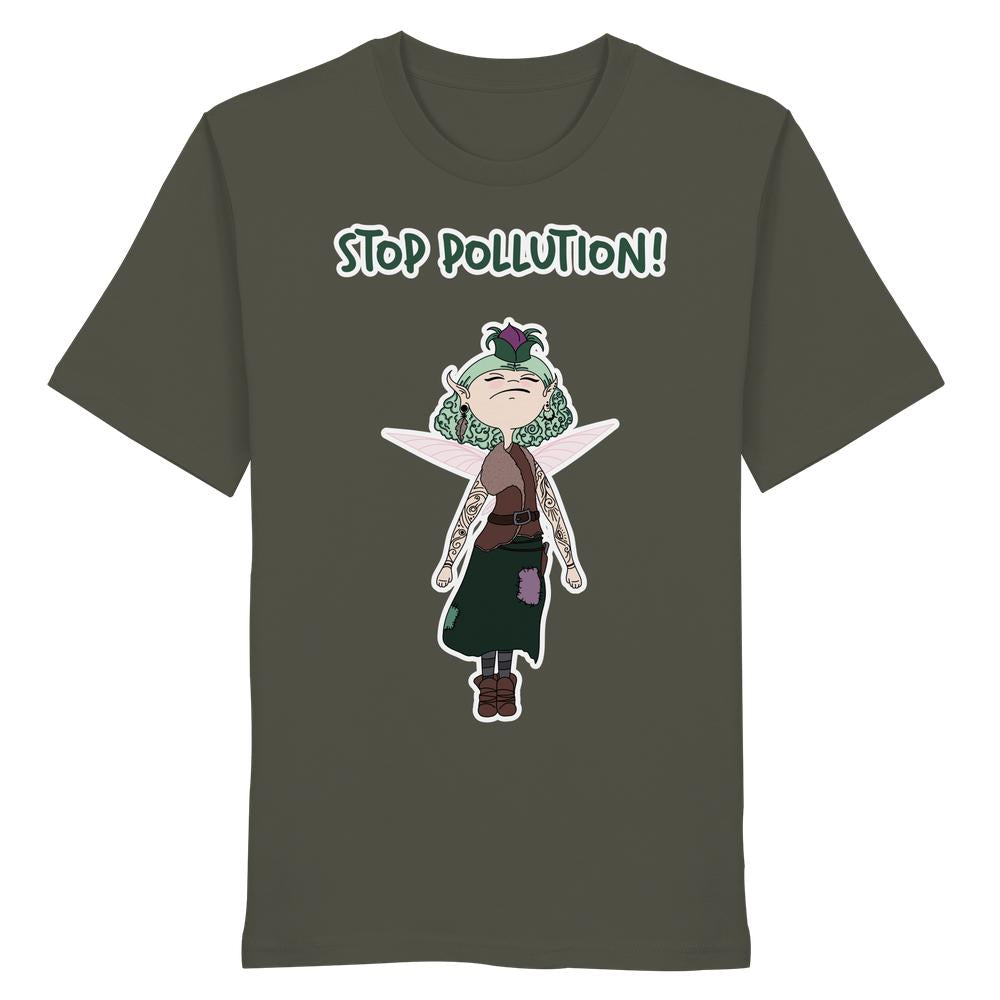 Vegan und Bio Unisex Shirt: STOP POLLUTION! - Krawall Fee zeigt eine verspielte Fee mit grünen Haaren, die ein umweltfreundliches Statement setzt. 100% Bio-Baumwolle.