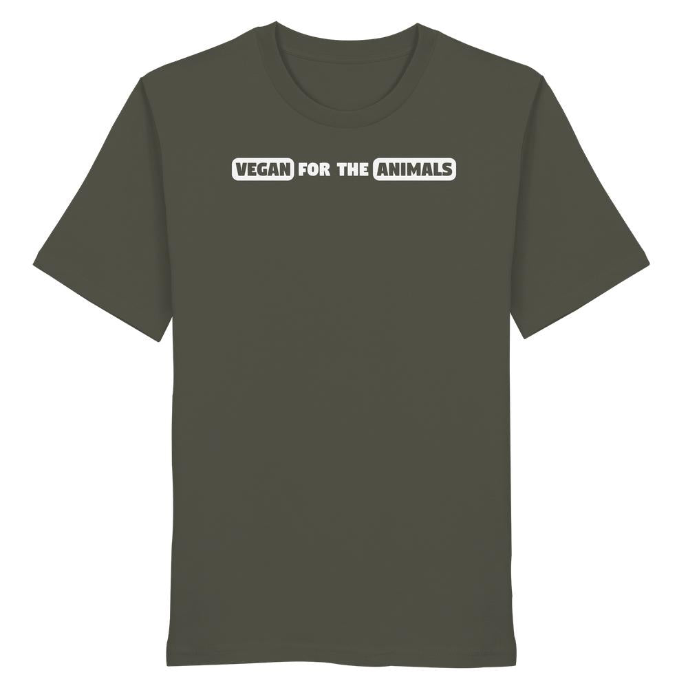Unisex-Shirt aus Bio-Baumwolle mit dem Slogan VEGAN FOR THE ANIMALS auf der Vorderseite, unterstreicht Tierliebe und nachhaltige Mode von RUDE REBEL.