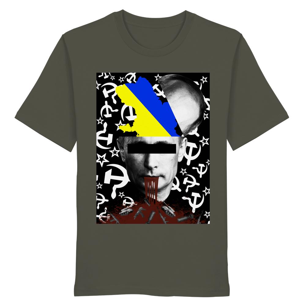 Vegan und Bio Unisex Shirt: STOP WAR IN UKRAINE! mit stilisiertem, anti-autoritärem Design, zeigt ukrainische Farben, sowjetische Symbole, blutige Zensur und Waffenmotive.