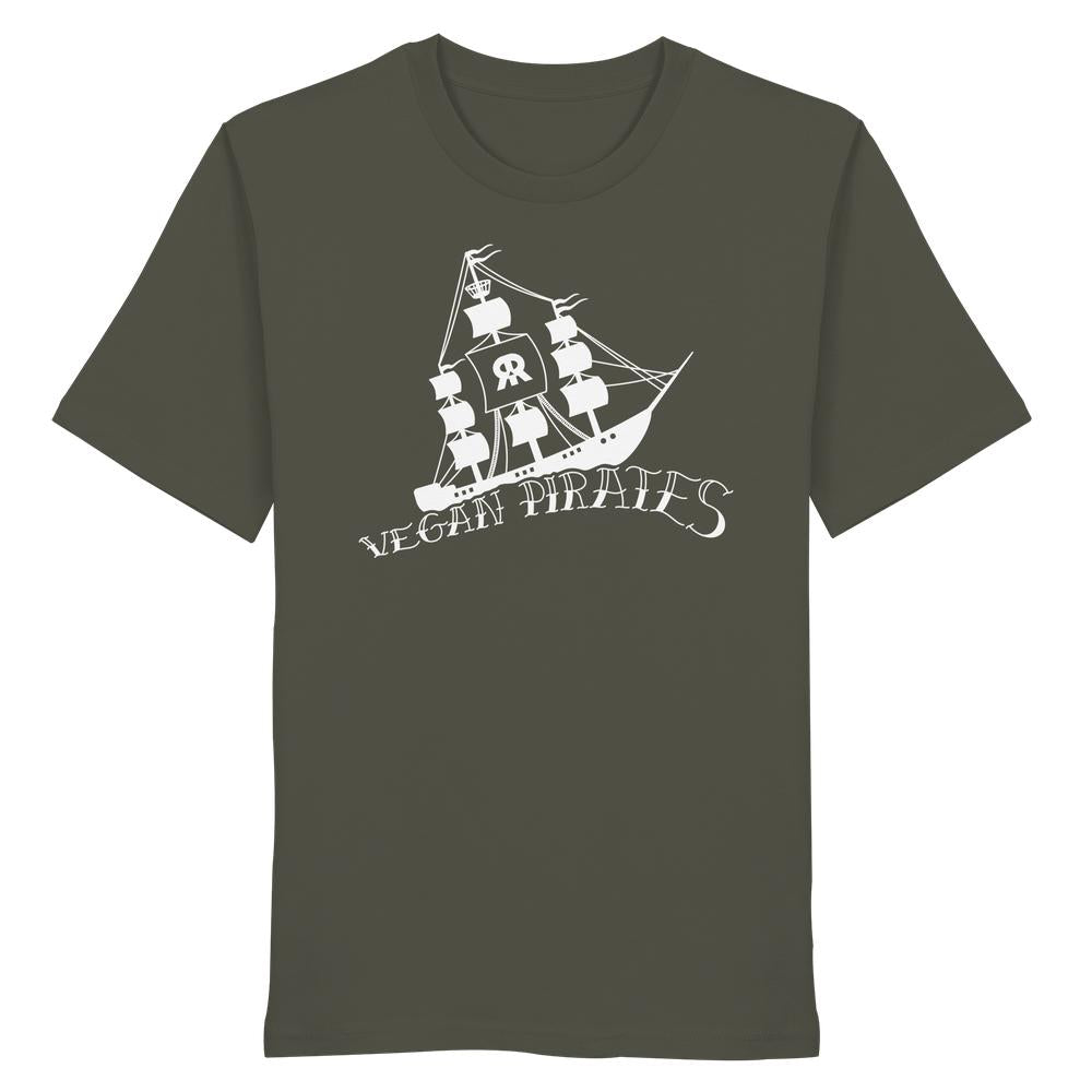 Dunkelgrünes Unisex-Bio-Shirt mit weißem VEGAN PIRATES-Grafikdruck eines Piratenschiffs. 100% Bio-Baumwolle, normale Passform.
