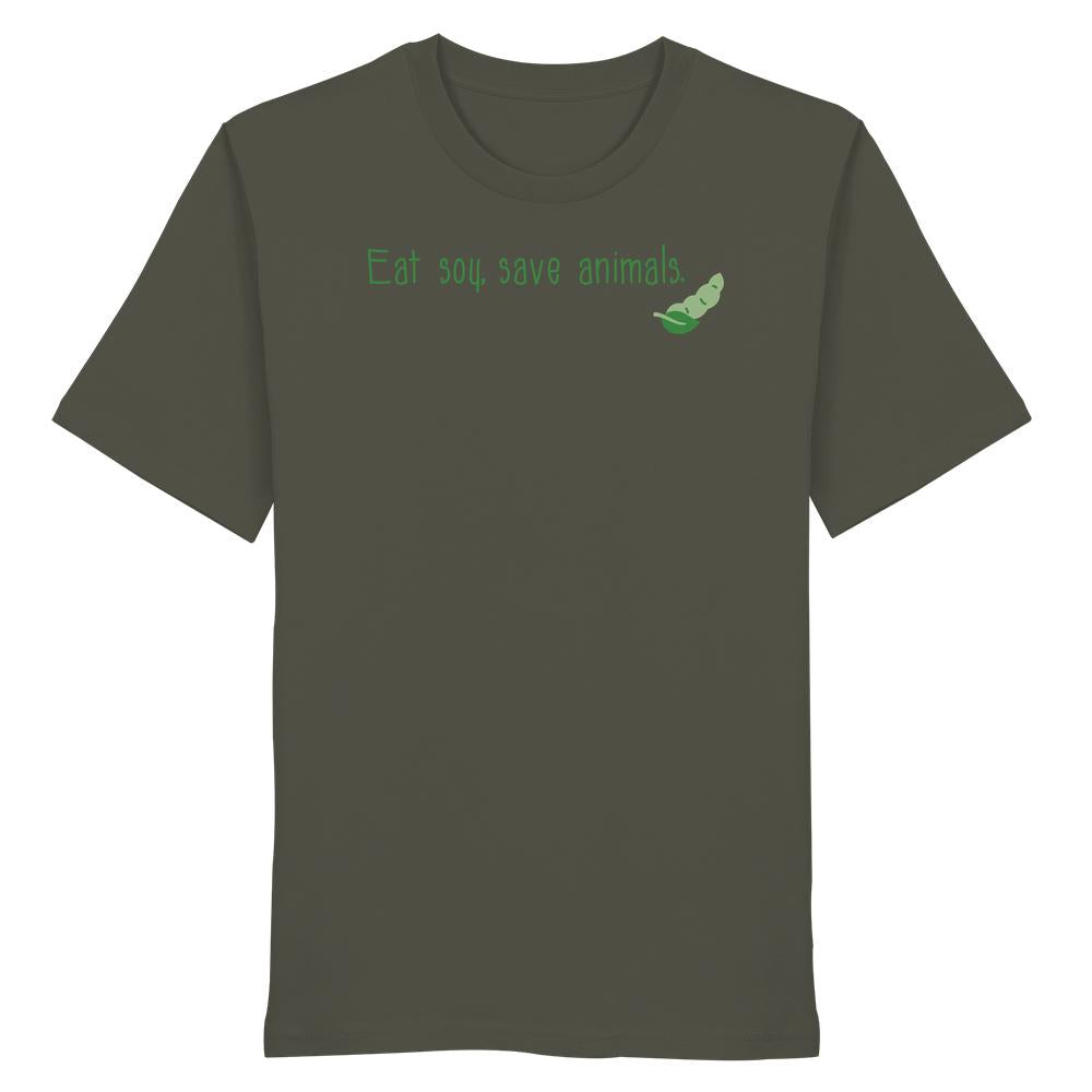 Olivegrünes Unisex-Shirt mit dem Slogan Eat soy, save animals und Peapod-Grafik, aus 100% Bio-Baumwolle, von RUDE REBEL, vegane und nachhaltige Marke.