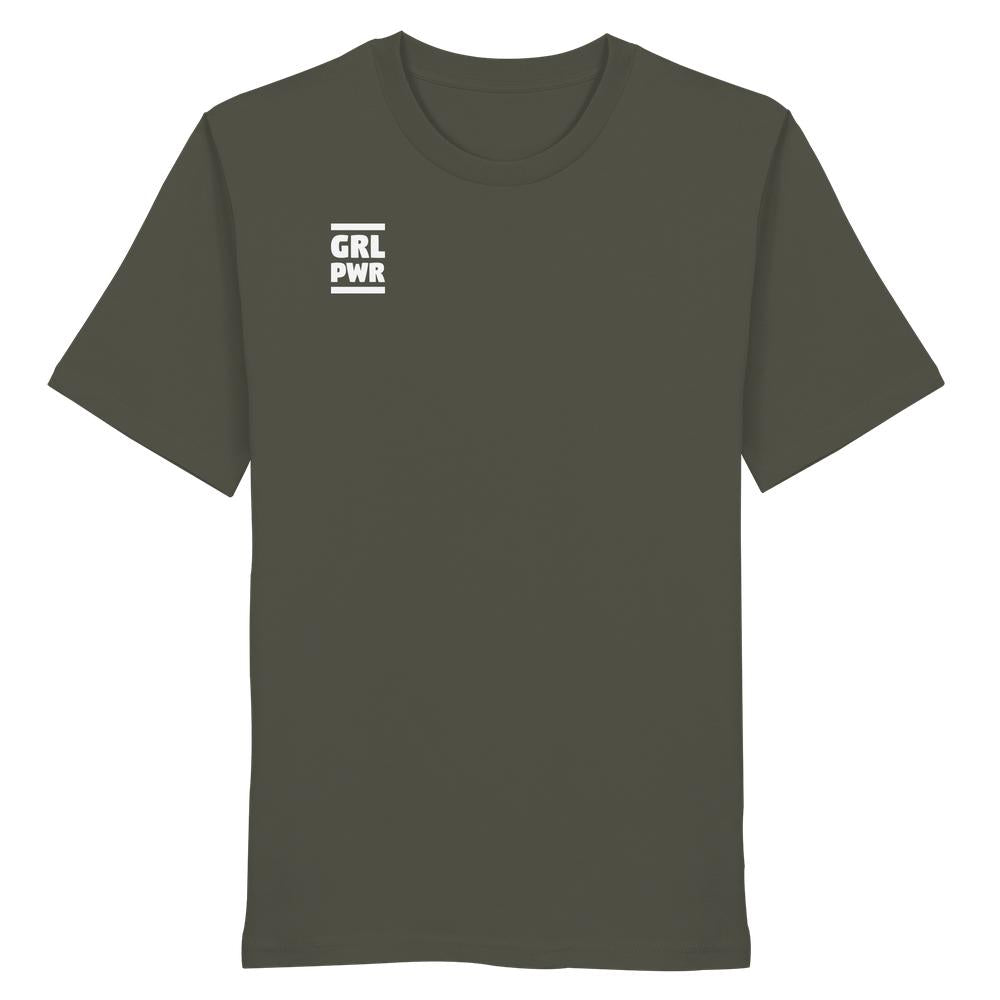 Vegan und Bio Unisex Shirt mit GRL PWR-Grafik, symbolisiert Stärke und Emanzipation. Hergestellt aus 100 % Bio-Baumwolle, verkörpert RUDE REBELs nachhaltige, feministische Designs.