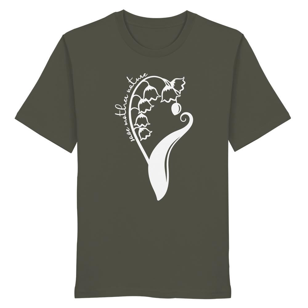 Dunkel-olivgrünes Unisex T-Shirt aus Bio-Baumwolle mit weißem, stilisiertem Maiglöckchenmotiv und Schriftzug „love mother nature“, verkörpert vegane und nachhaltige Mode von RUDE REBEL.