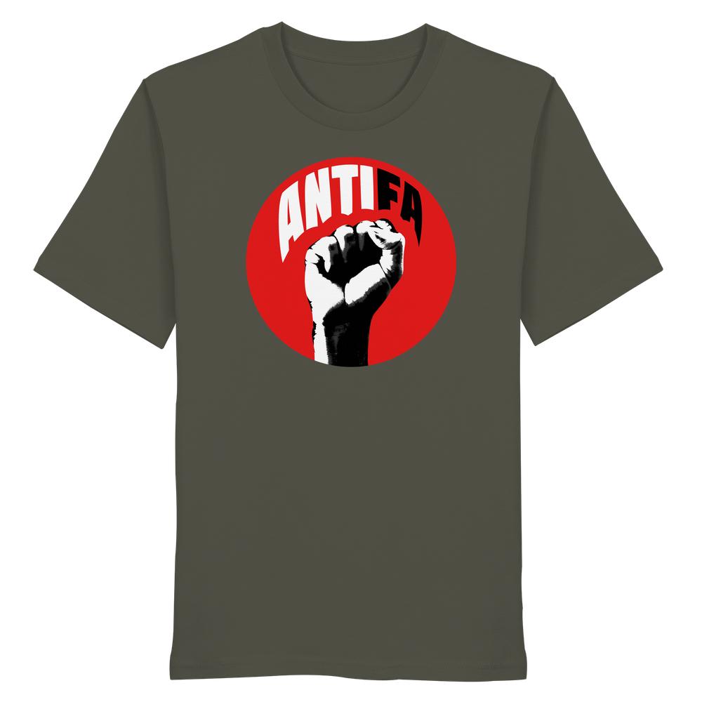 Vegan und Bio Unisex Shirt: Antifa - Kampf gegen Rechts mit rotem Kreis, stilisierter Faust und ANTIFA-Schriftzug. 100% Bio-Baumwolle, normale Passform.